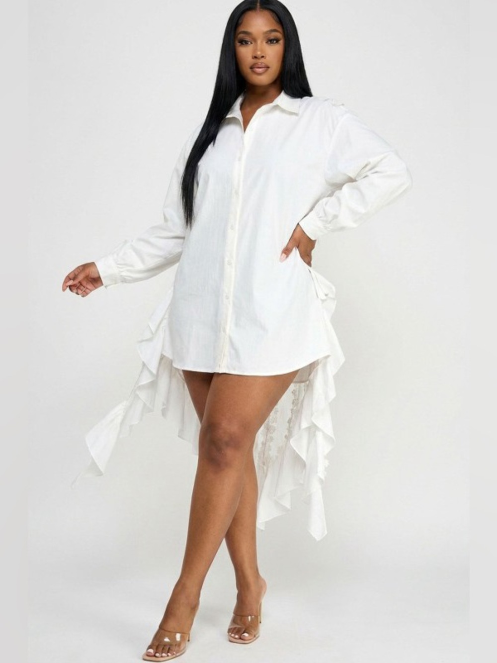 Women's White Ruffle-Back Button-Front Tunic Shirt - Picture 4 of 4